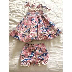 SweetHoney Audrey Smocked Dress w/ Bloomers Girls 4T Floral Paradise Blue Pink